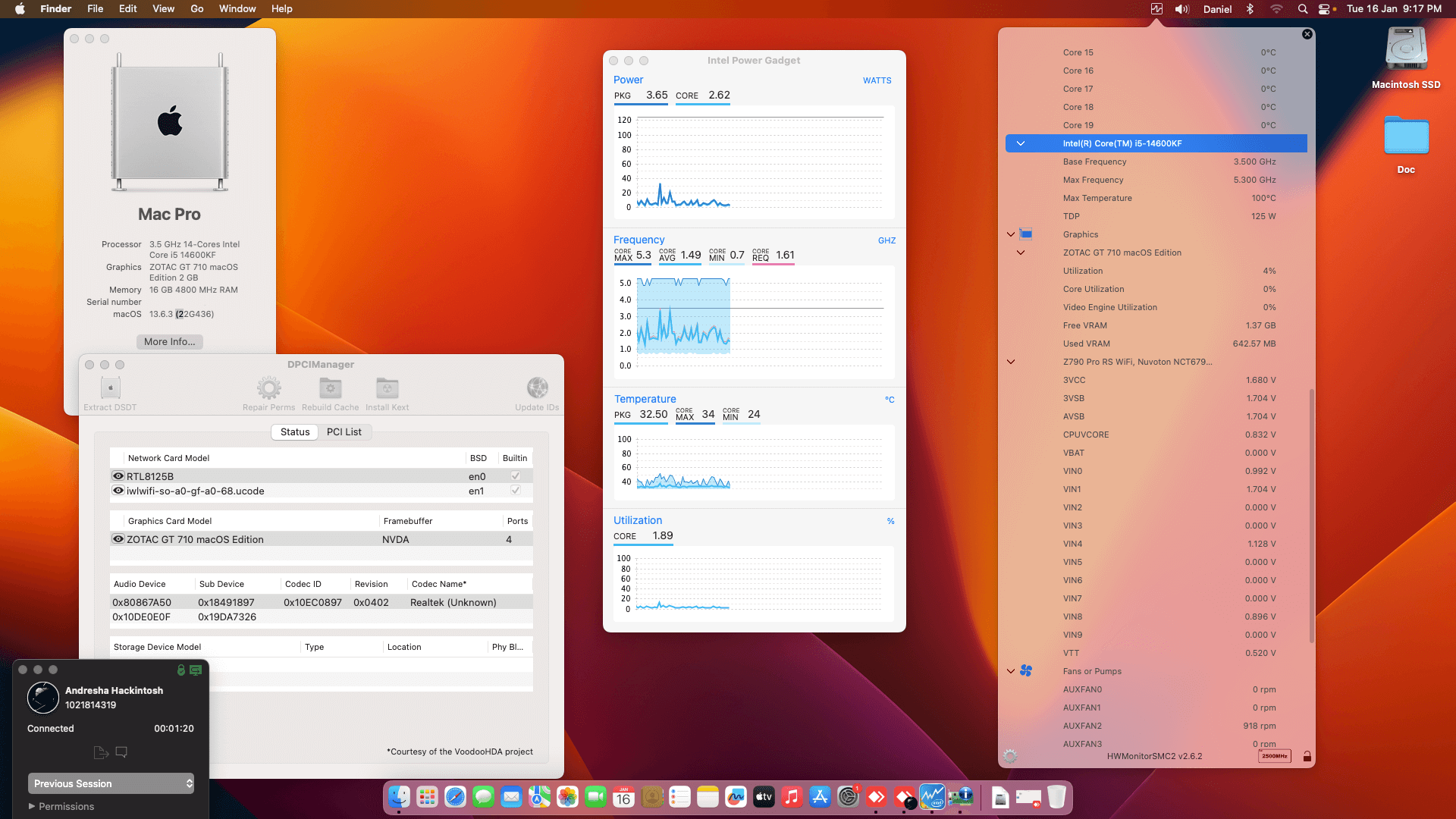 Success Hackintosh macOS Ventura 13.6.3 Build 22G436 in Asrock Z790 PRO RS Wifi + Intel Core i5 14600KF + Zotac GT 710